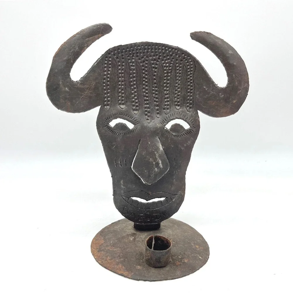 Vintage Tribal Mask Metal Candle Holder Brutalist Horned Folk Art Sculpture